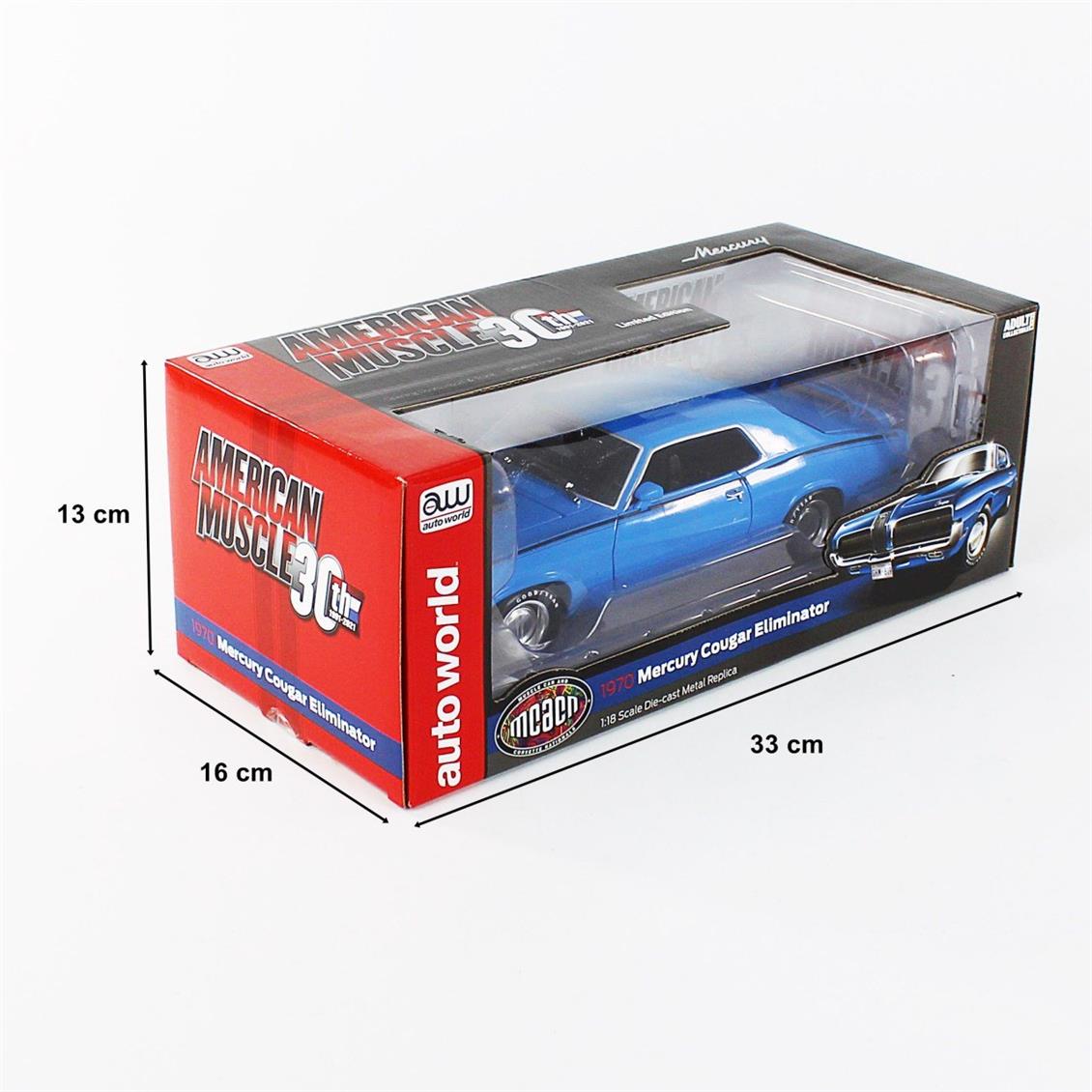 AutoWorld AMM1253 1/18 Ölçek, 1970 Mercury Cougar Hardtop (MCACN), Competition Blue, Sergilemeye Hazır Metal Araba Modeli - Görsel 5